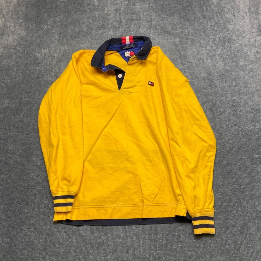 Tommy Hilfiger Rugby Shirt Mens Medium Yellow Colorblock Ribbed Cuff Sportswear
